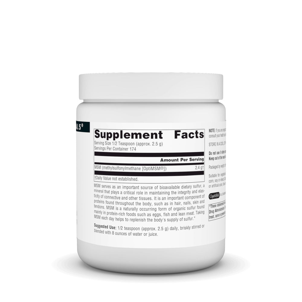Source Naturals MSM powder scoop demonstrates half-teaspoon daily dosing.