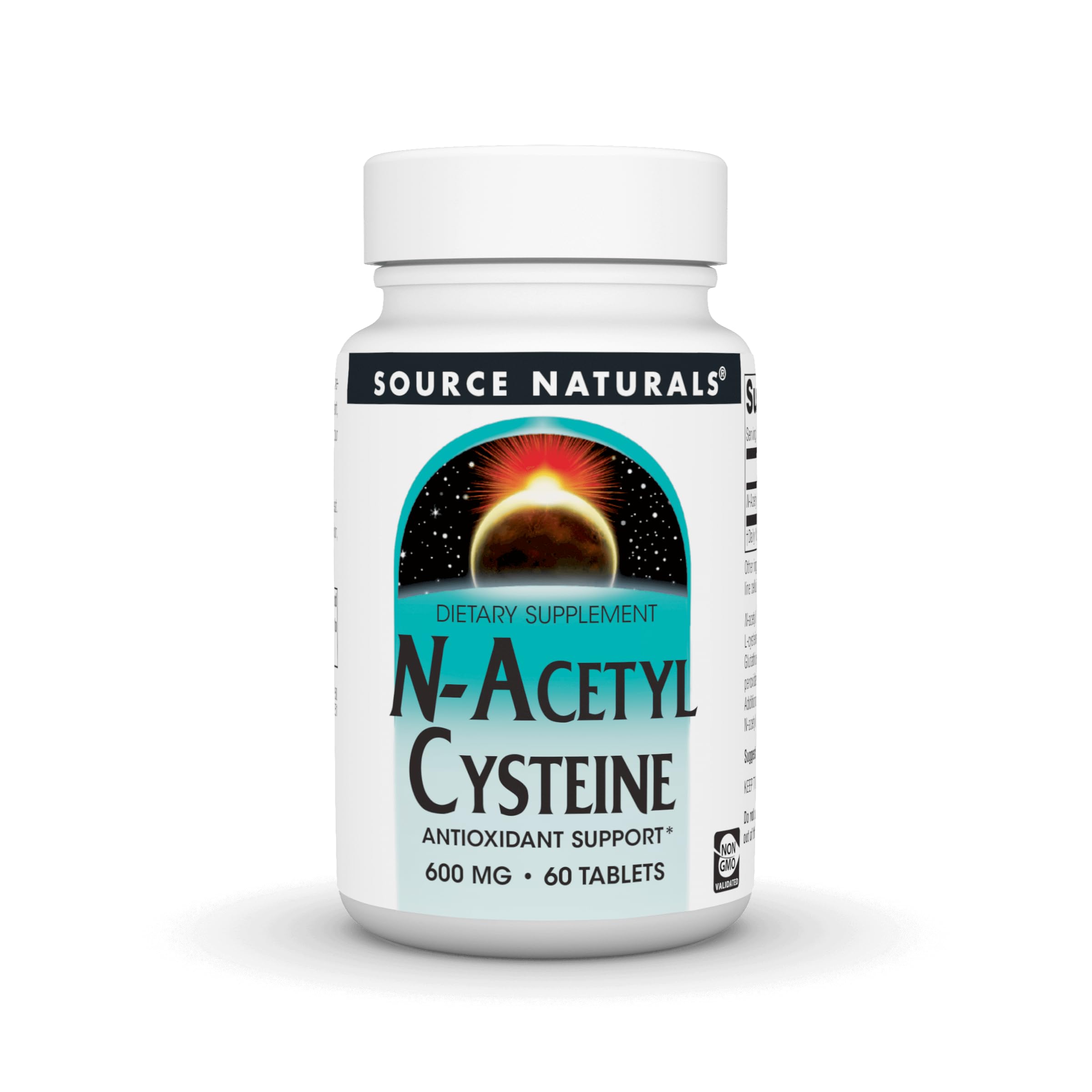 Source Naturals N-Acetyl Cysteine bottle front, highlighting 600 mg dosage for daily support.