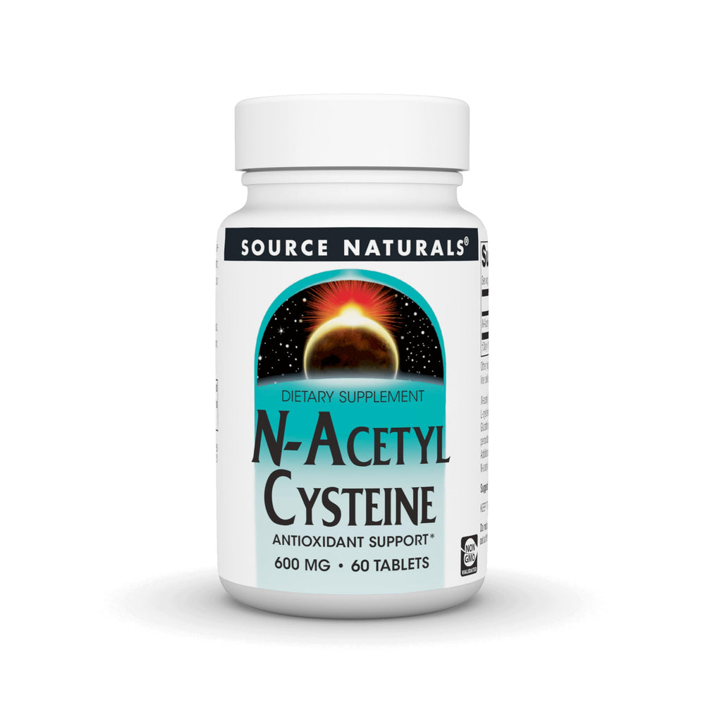 Source Naturals N-Acetyl Cysteine bottle front, highlighting 600 mg dosage for daily support.