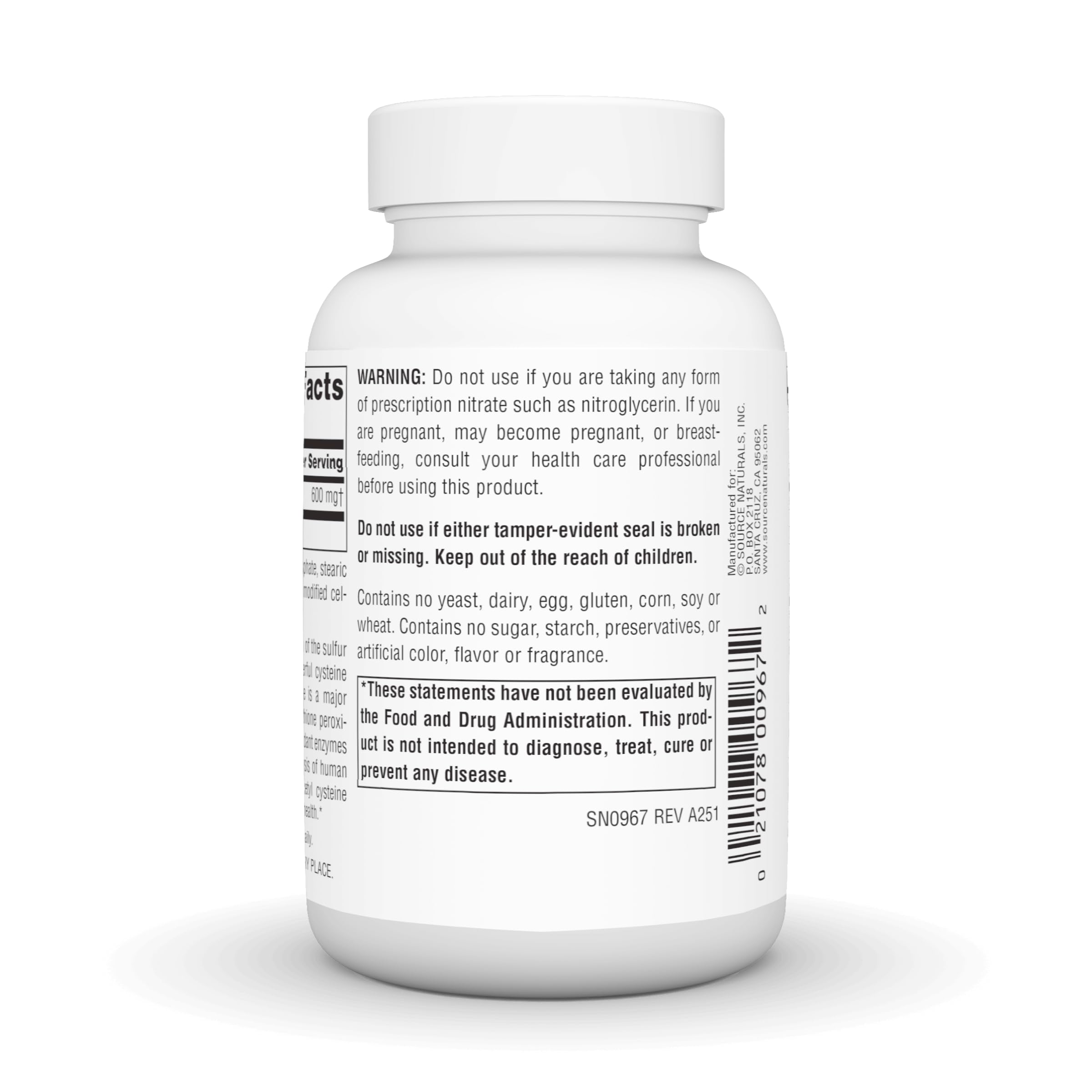 Source Naturals NAC label close-up with dosage information.