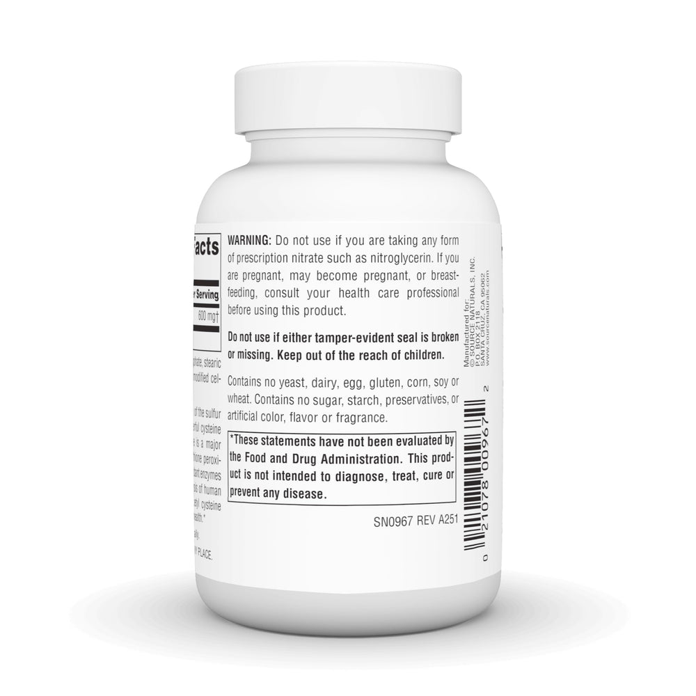 Source Naturals NAC label close-up with dosage information.