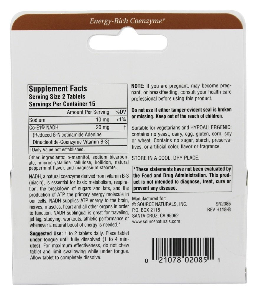 Source Naturals NADH lozenge packaging highlights USA-made quality.
