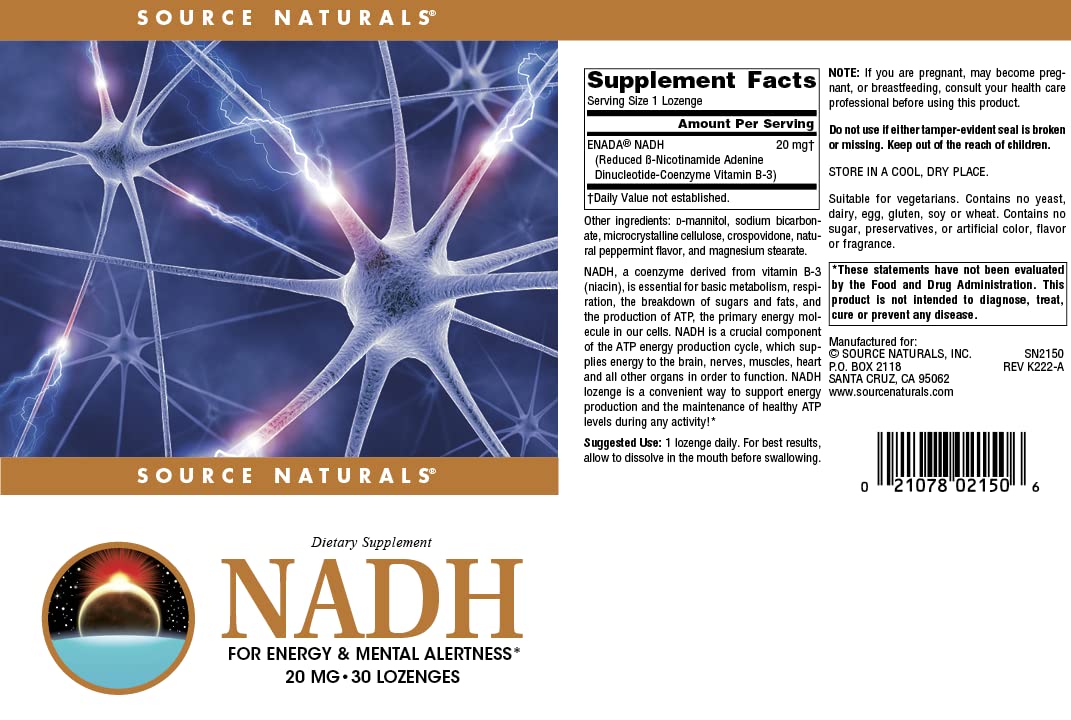 Source Naturals NADH bottle close-up shows dosage and branding