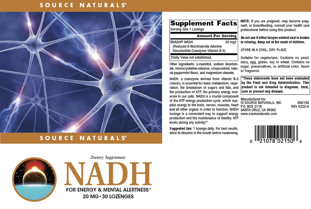 Source Naturals NADH bottle close-up shows dosage and branding