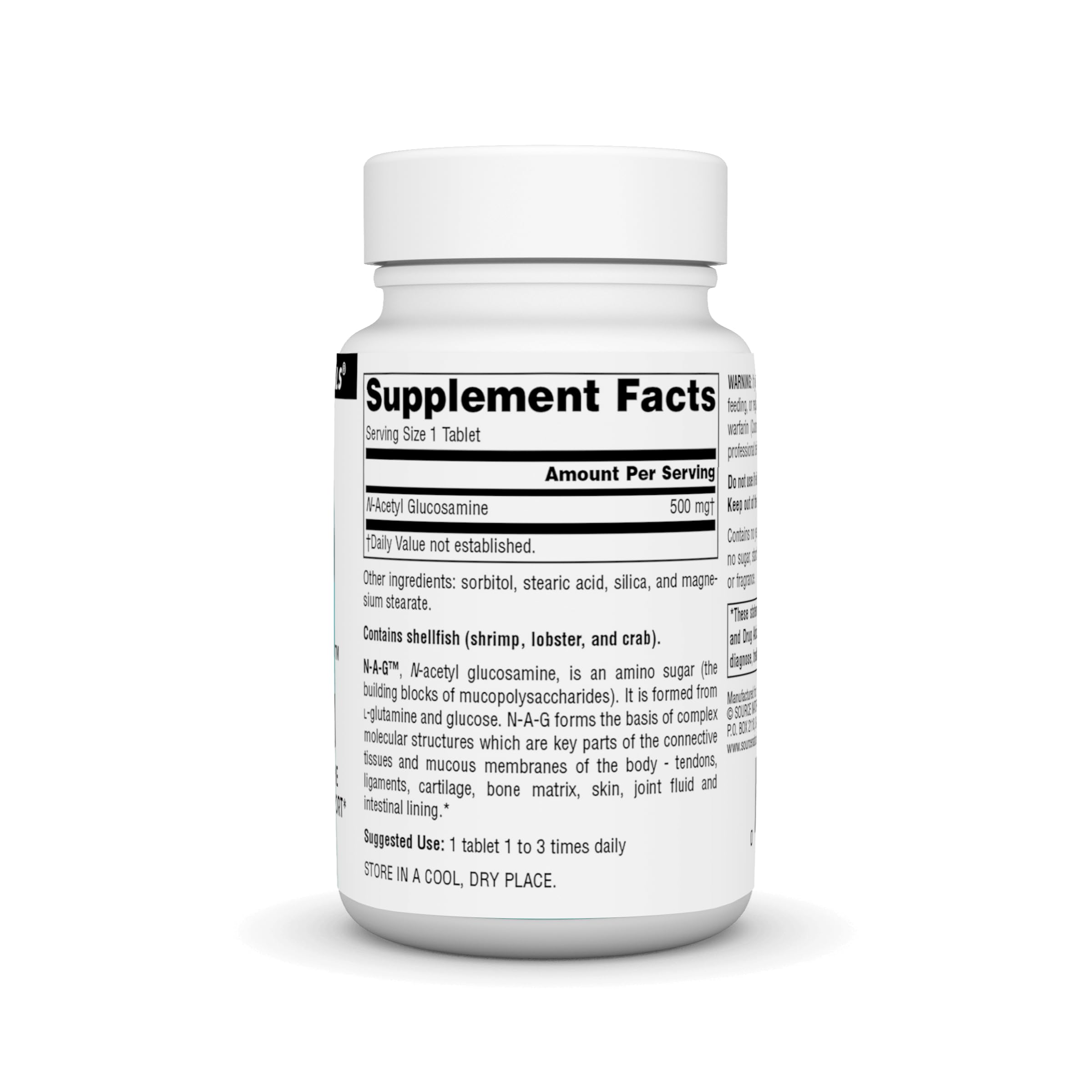 Close-up of Source Naturals N-A-G tablets for easy daily dosing