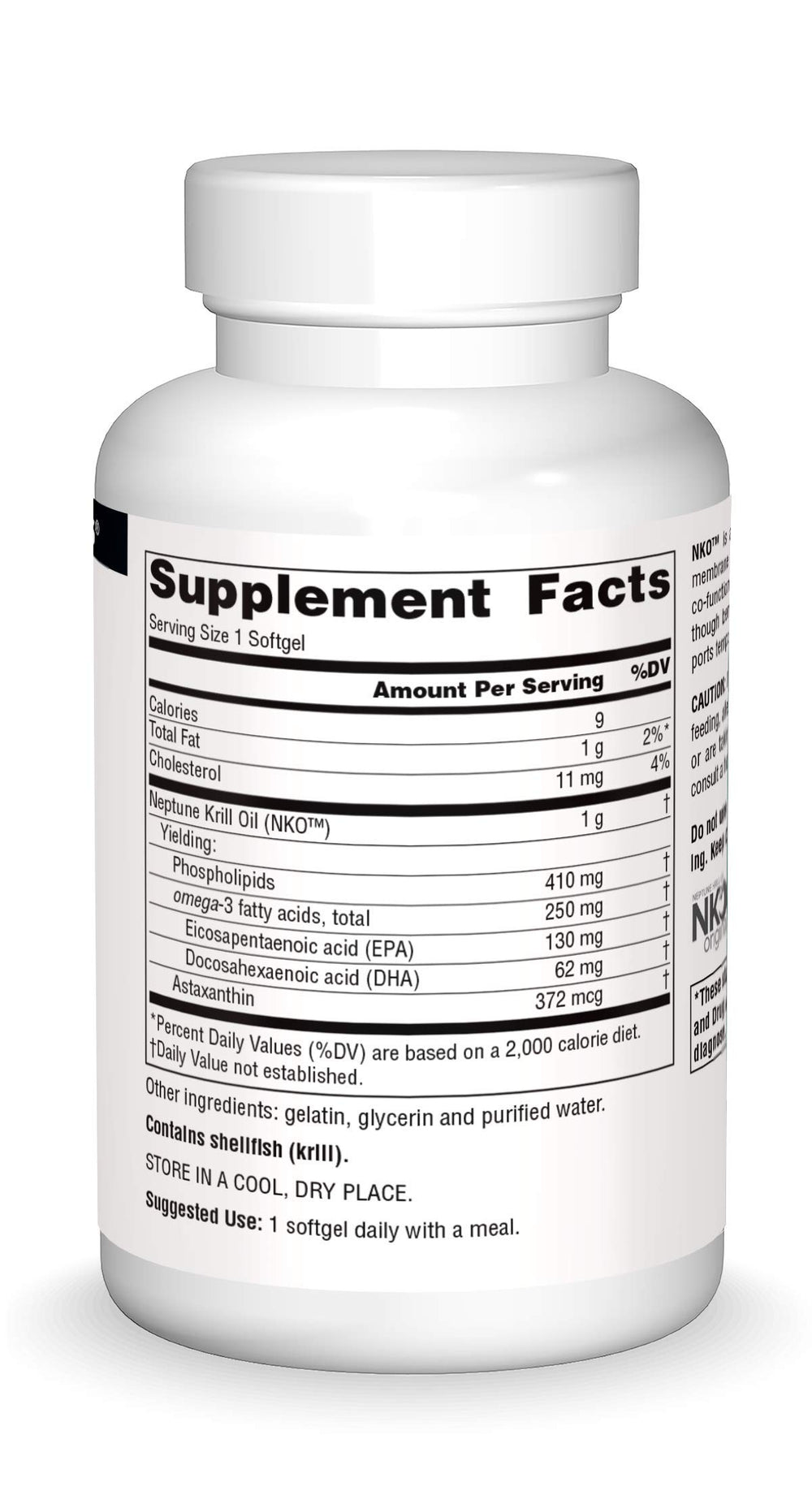 Label shows 1000 mg per softgel on NKO bottle.