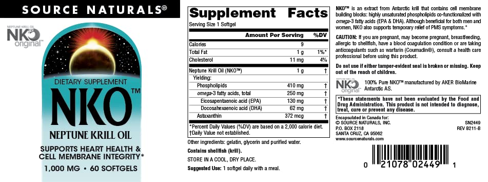 Source Naturals NKO Neptune Krill Oil nutrition facts panel for easy daily planning