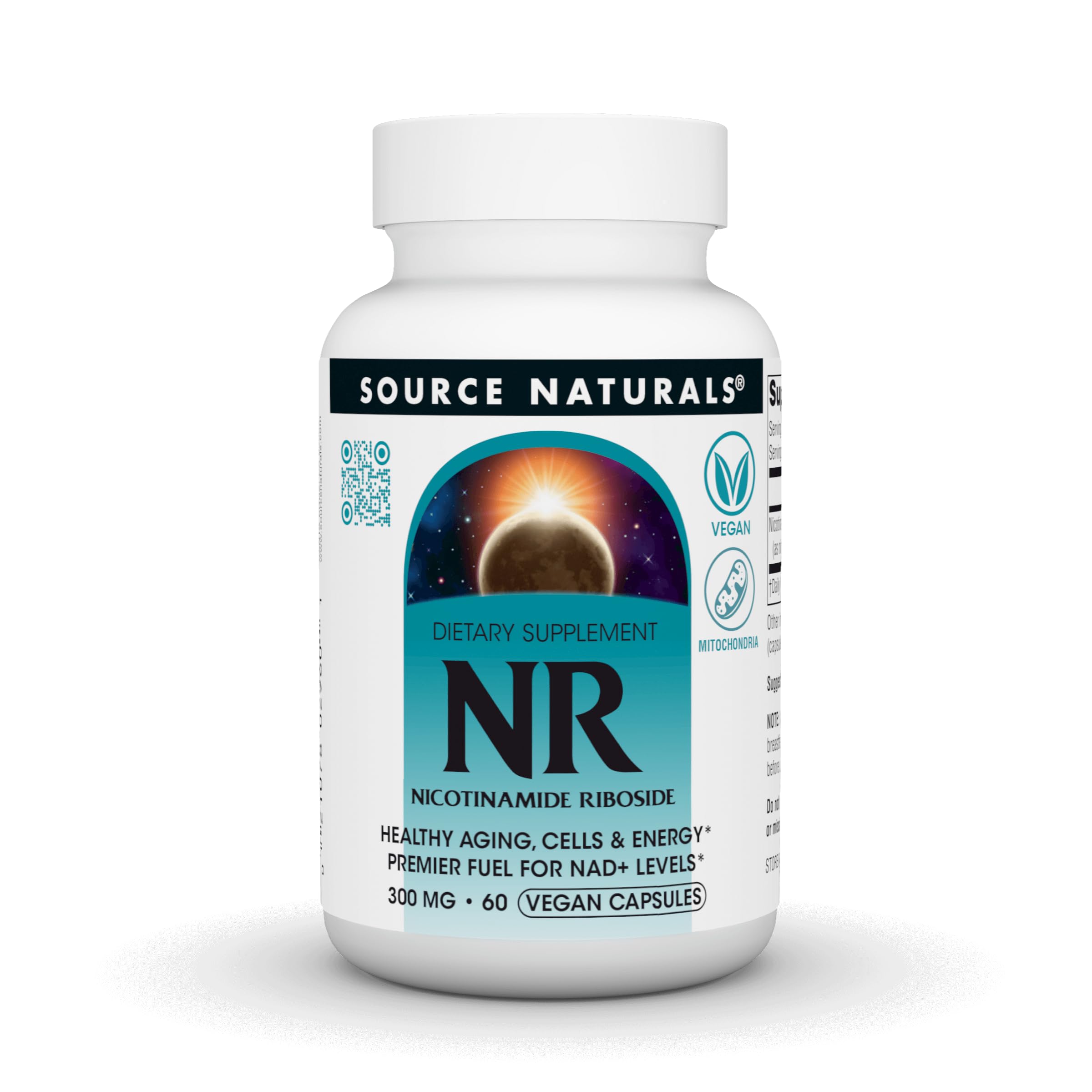 Source Naturals NR bottle-front highlights vegan NR for cellular energy support.