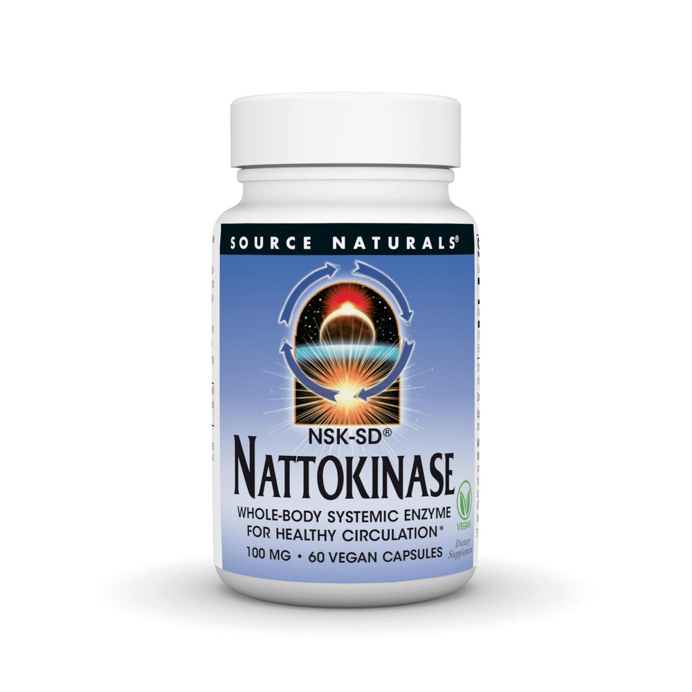 Source Naturals NSK-SD nattokinase bottle showing the systemic enzyme design for circulation support