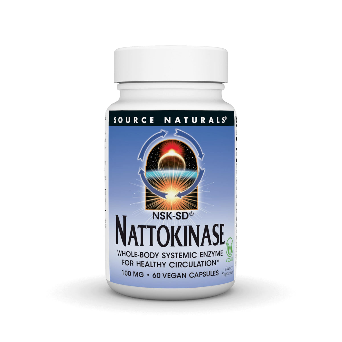 Source Naturals NSK-SD nattokinase bottle showing the systemic enzyme design for circulation support
