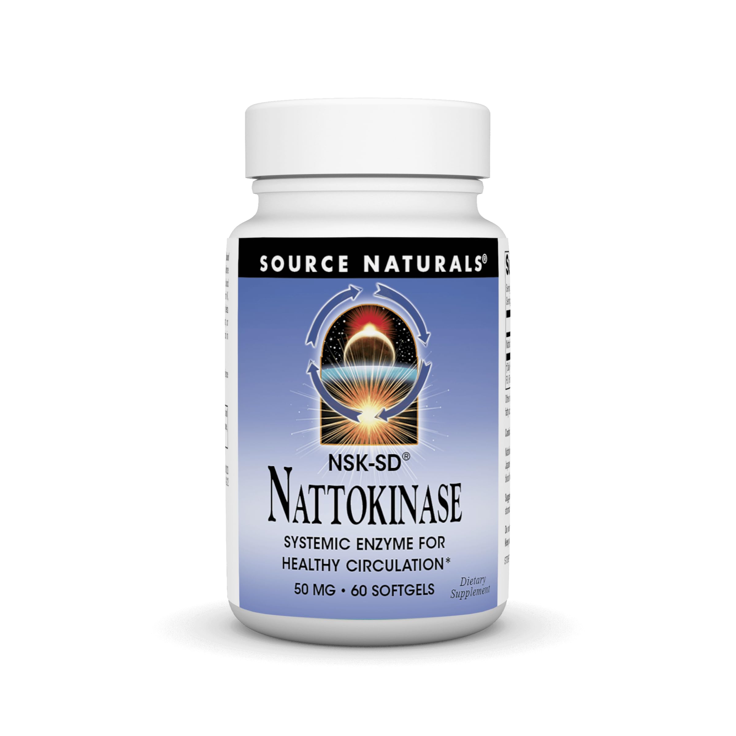 Source Naturals NSK-SD nattokinase bottle highlighting circulation-support formula.