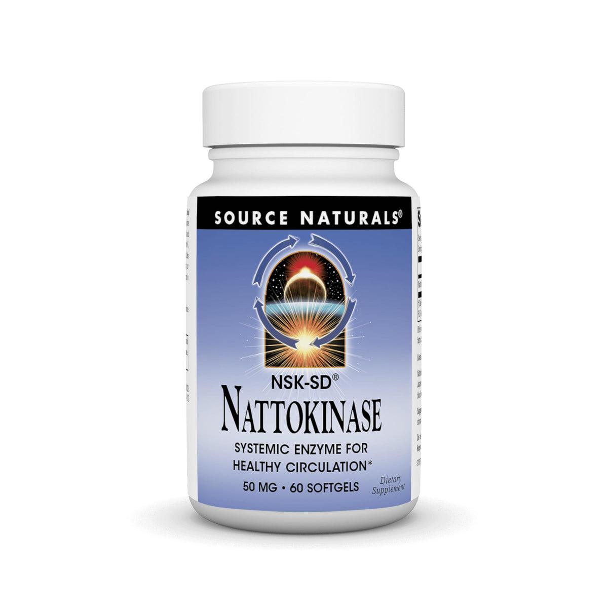 Source Naturals NSK-SD nattokinase bottle highlighting circulation-support formula.