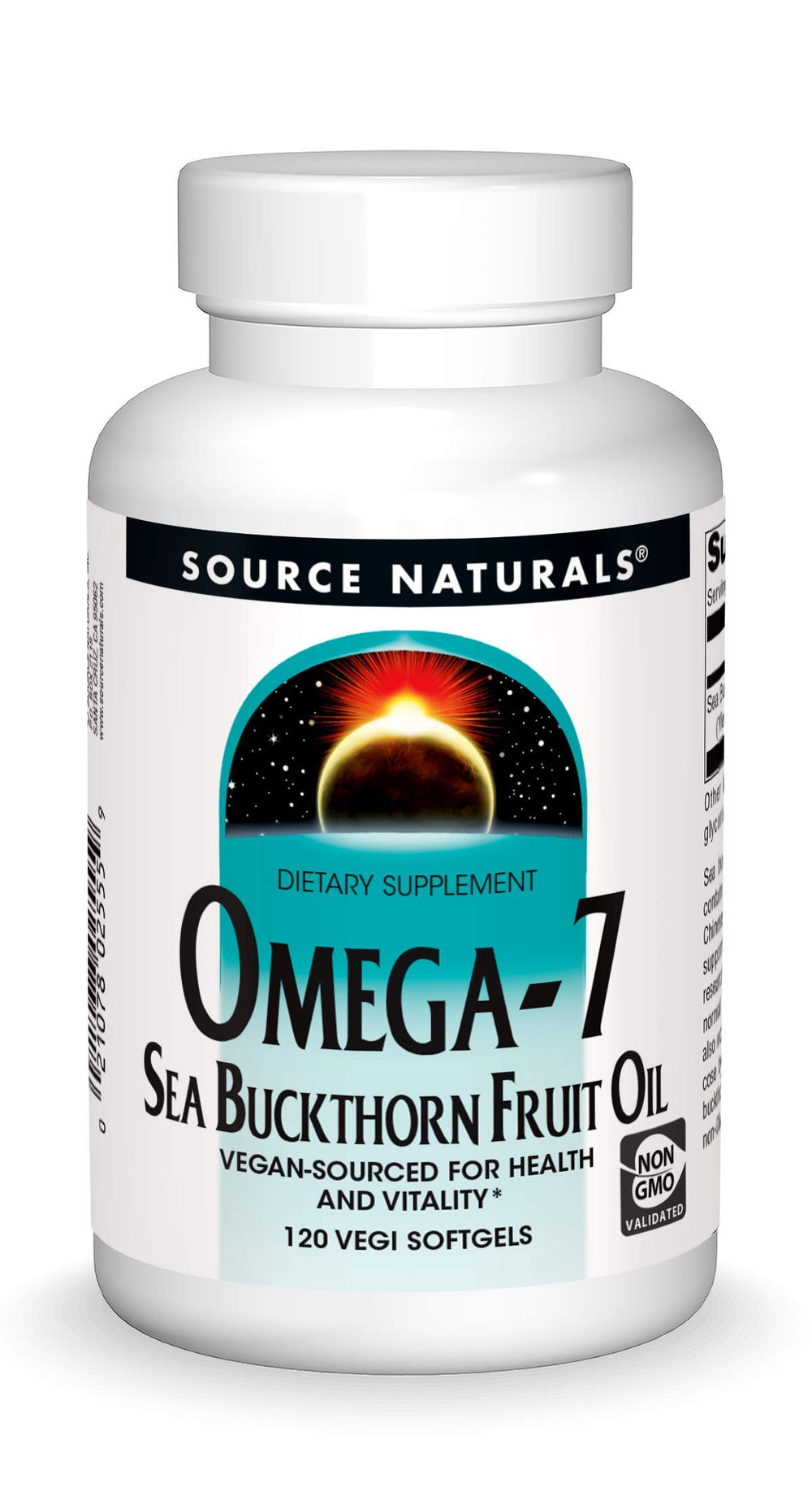 Source Naturals Omega-7 bottle with sea buckthorn oil supports vegan daily use.