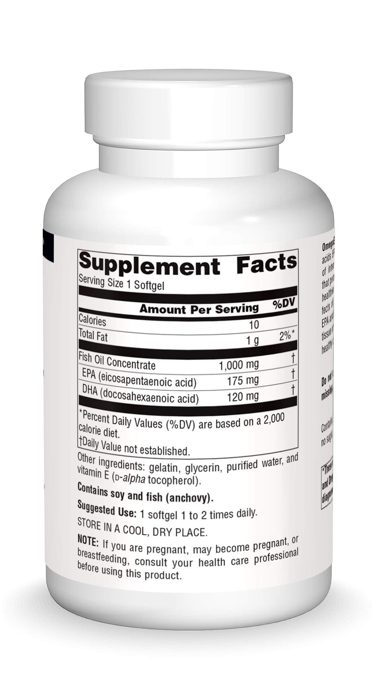 Source Naturals OmegaEPA label-closeup shows EPA and DHA for cardiovascular and brain support.