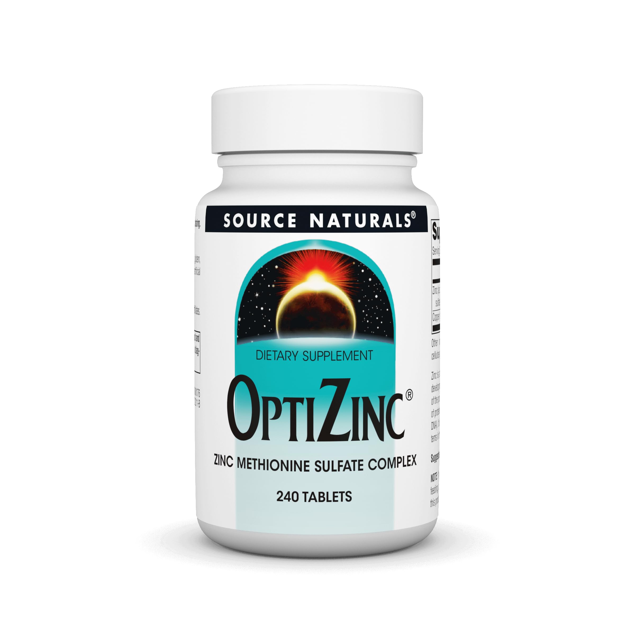 Source Naturals OptiZinc bottle front with tablets; supports daily mineral balance.