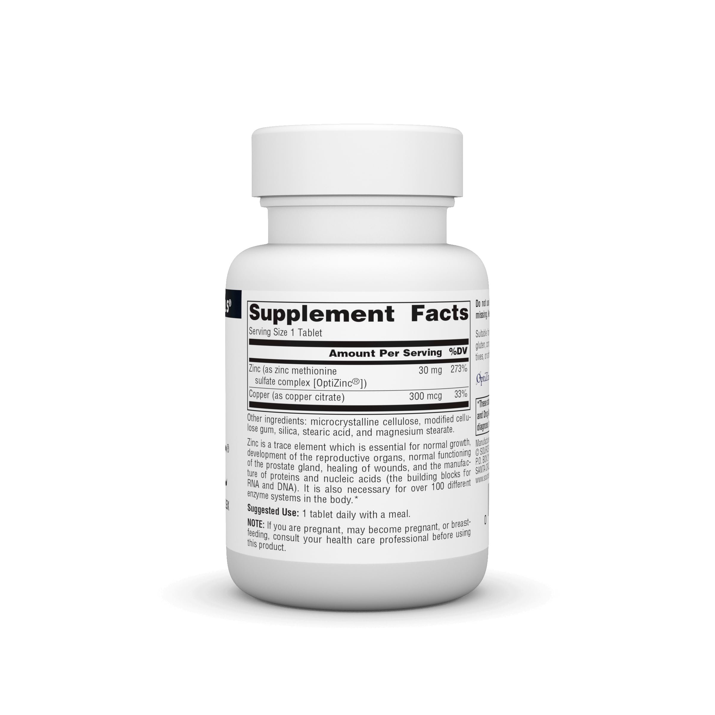Source Naturals OptiZinc label with dosage information and zinc methionine details
