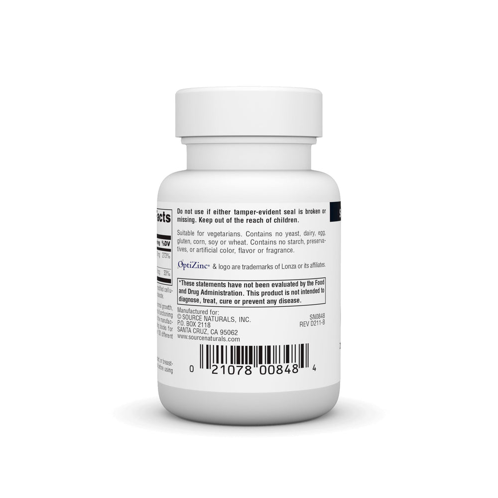 Source Naturals OptiZinc capsules arranged to highlight convenient daily supplement