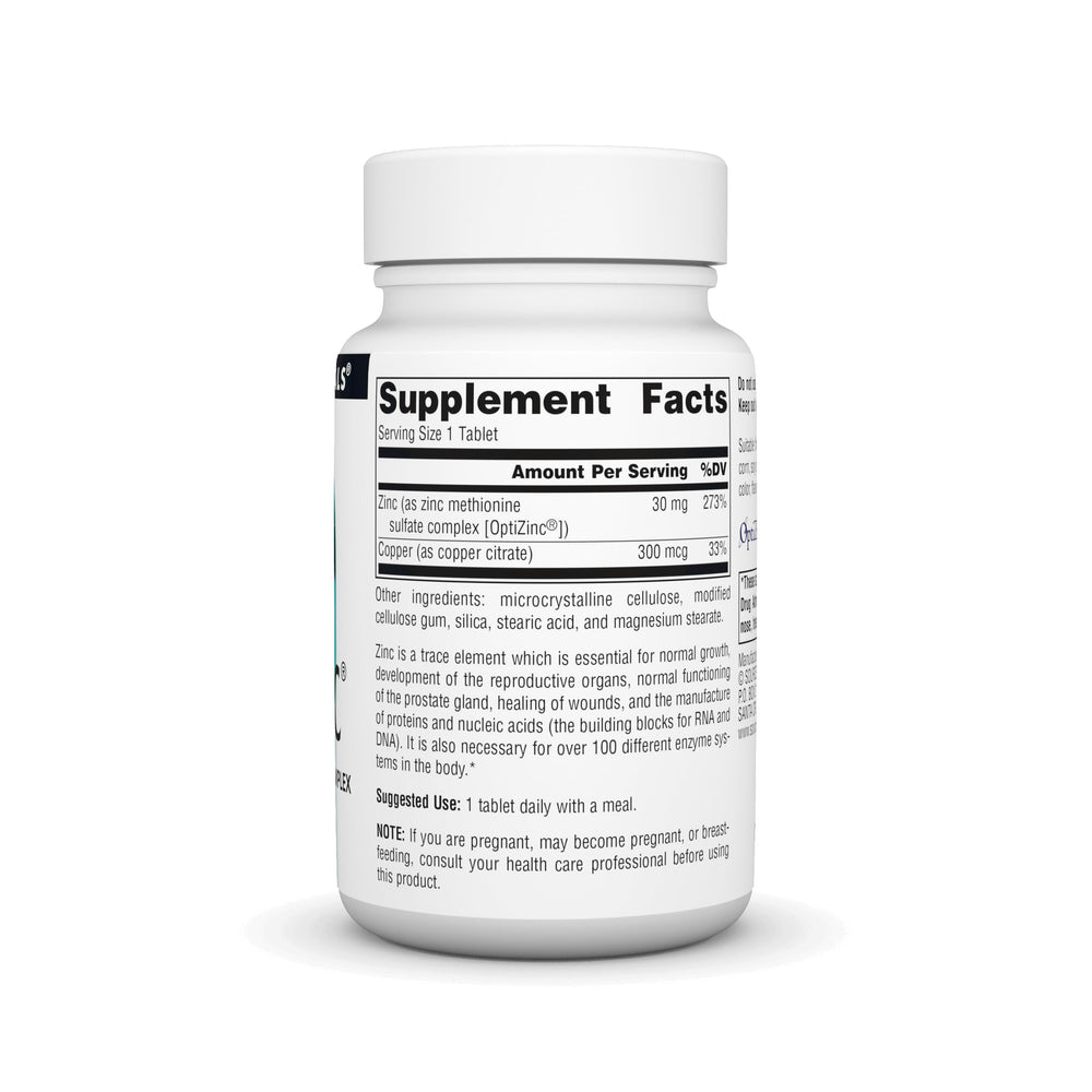 Close-up of OptiZinc tablets; zinc monomethionine complex for potentially better absorption.