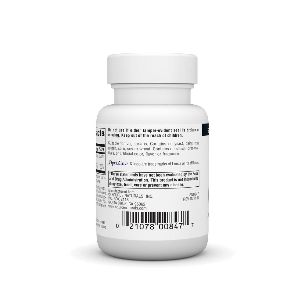 Source Naturals OptiZinc tablets arranged for daily use