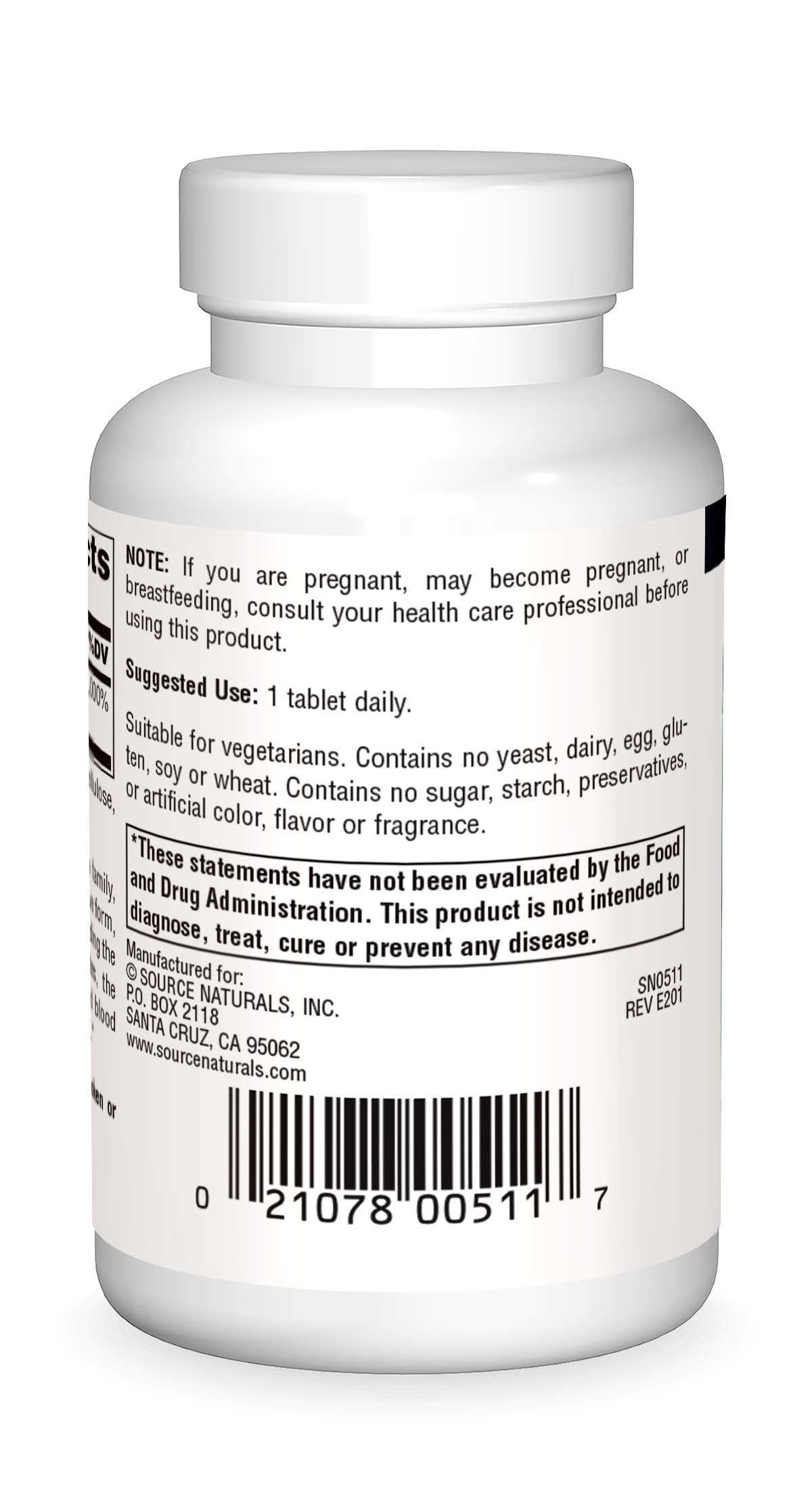 Source Naturals Pantothenic Acid 250 mg bottle side view with 100-tablet supply.