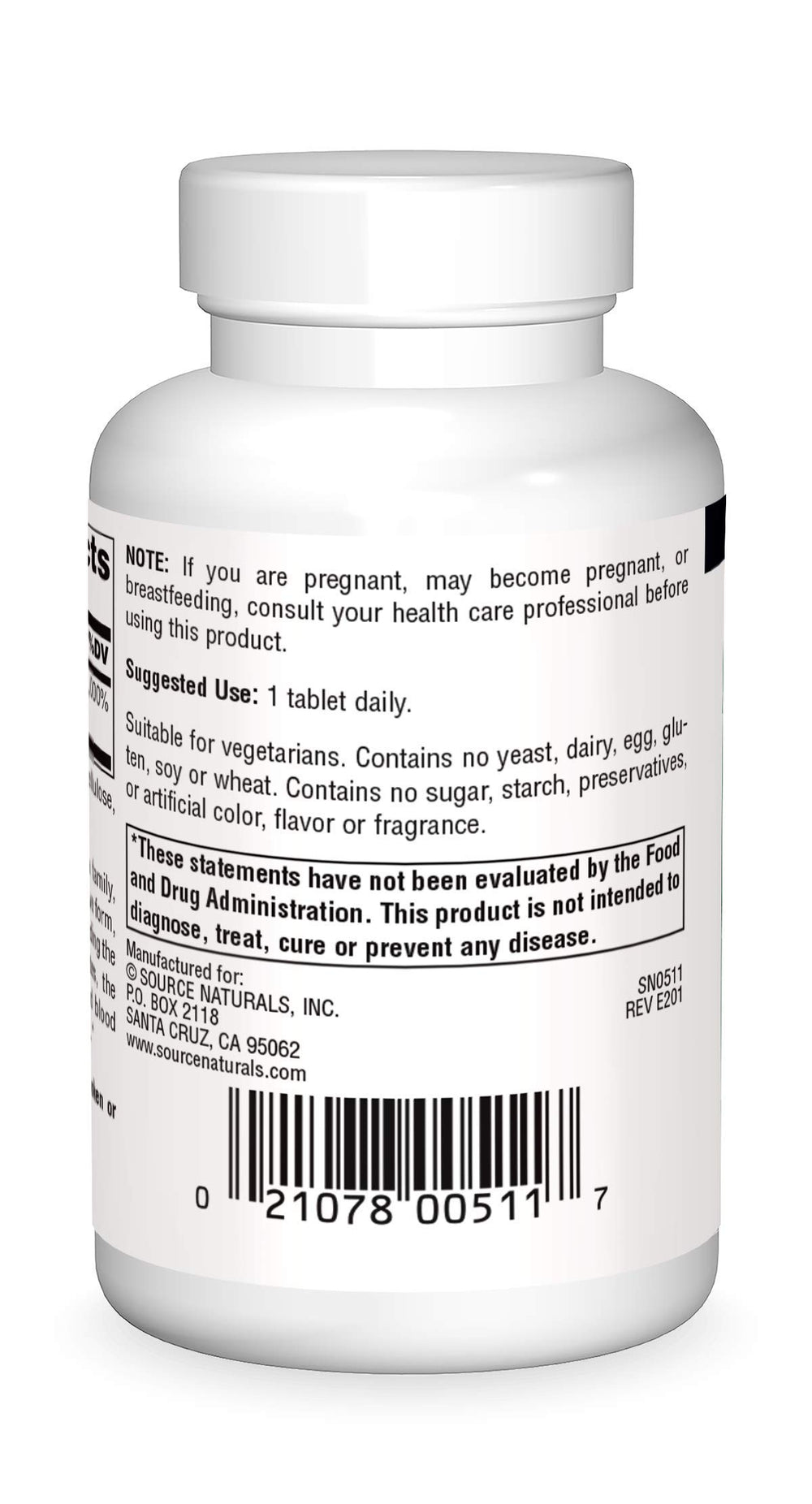 Source Naturals Pantothenic Acid 250 mg bottle side view with 100-tablet supply.