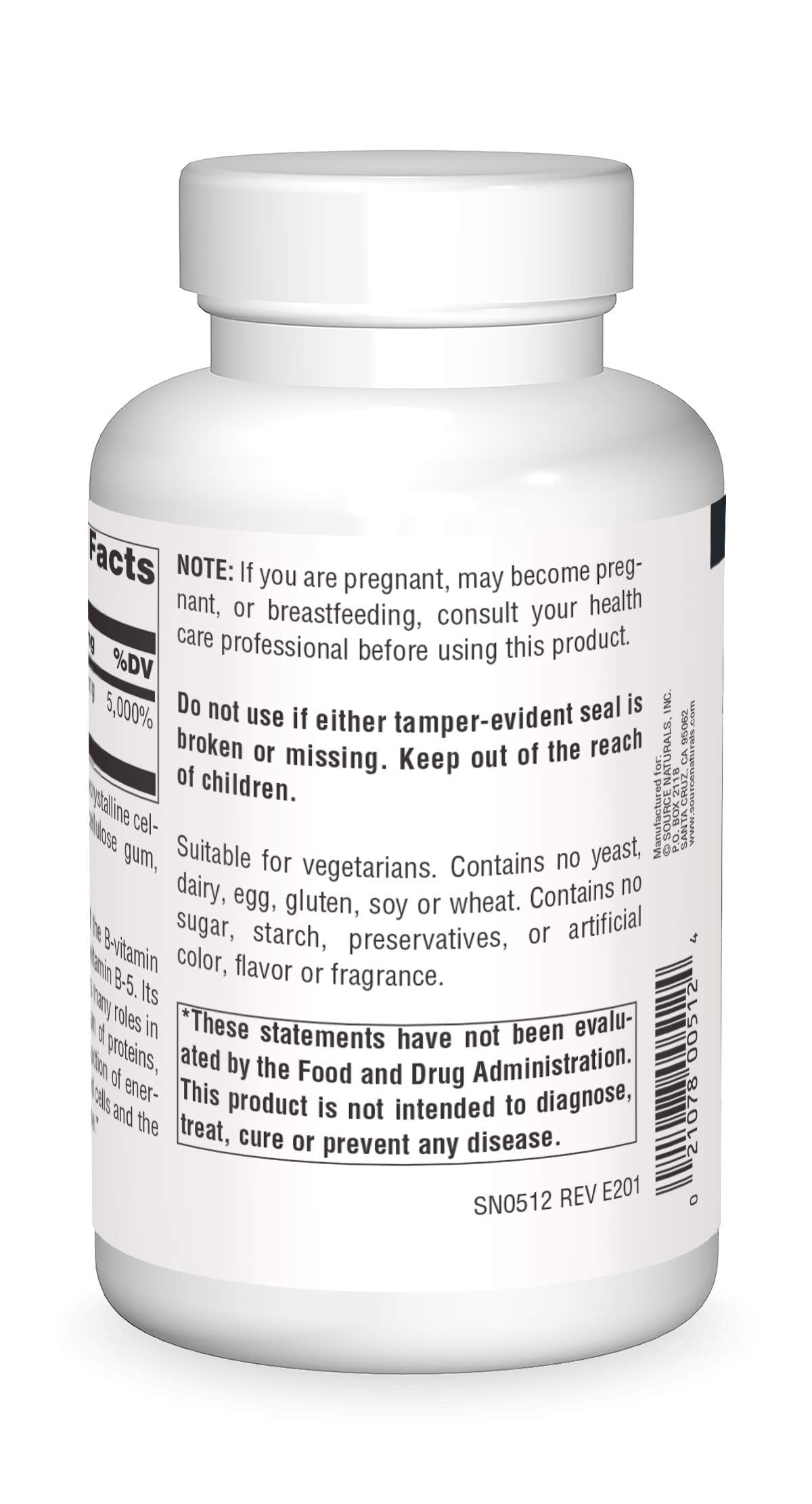 Source Naturals Pantothenic Acid bottle label close-up featuring vegetarian-friendly supplement