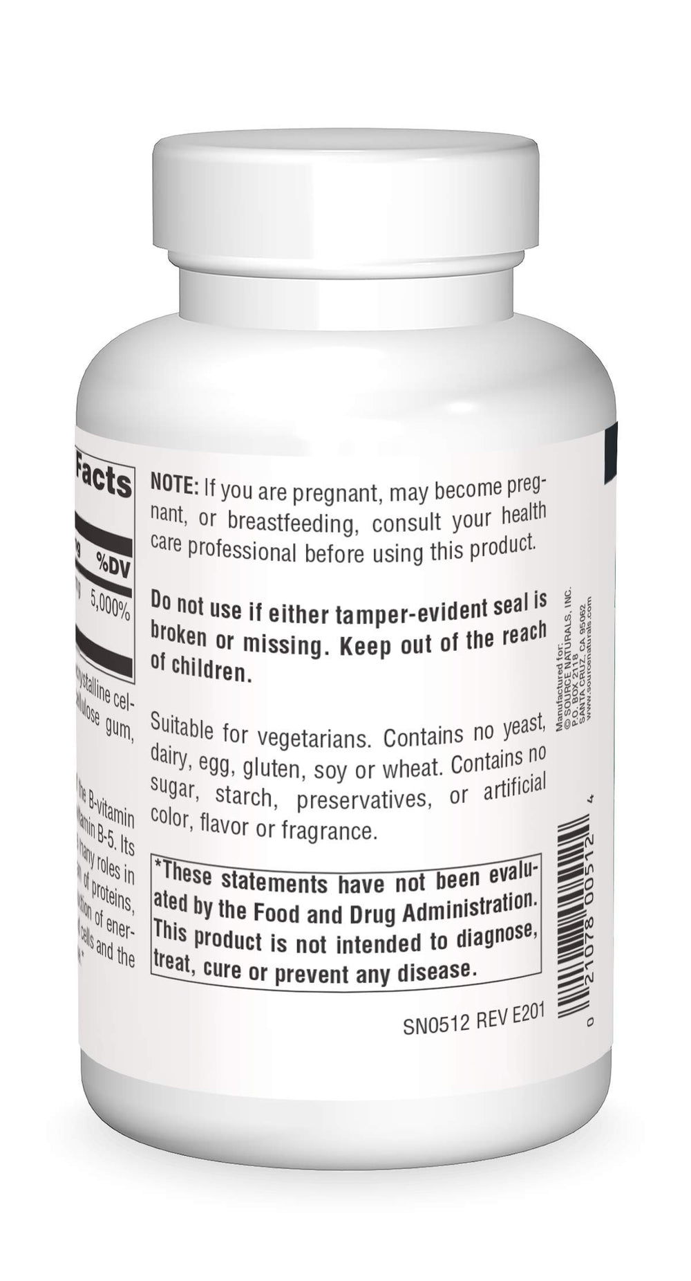 Source Naturals Pantothenic Acid bottle label close-up featuring vegetarian-friendly supplement