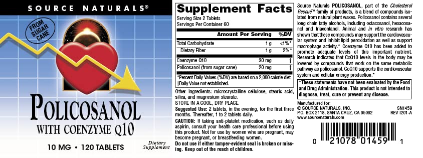 Source Naturals Policosanol bottle on shelf, side view, USA-made quality for consistency.