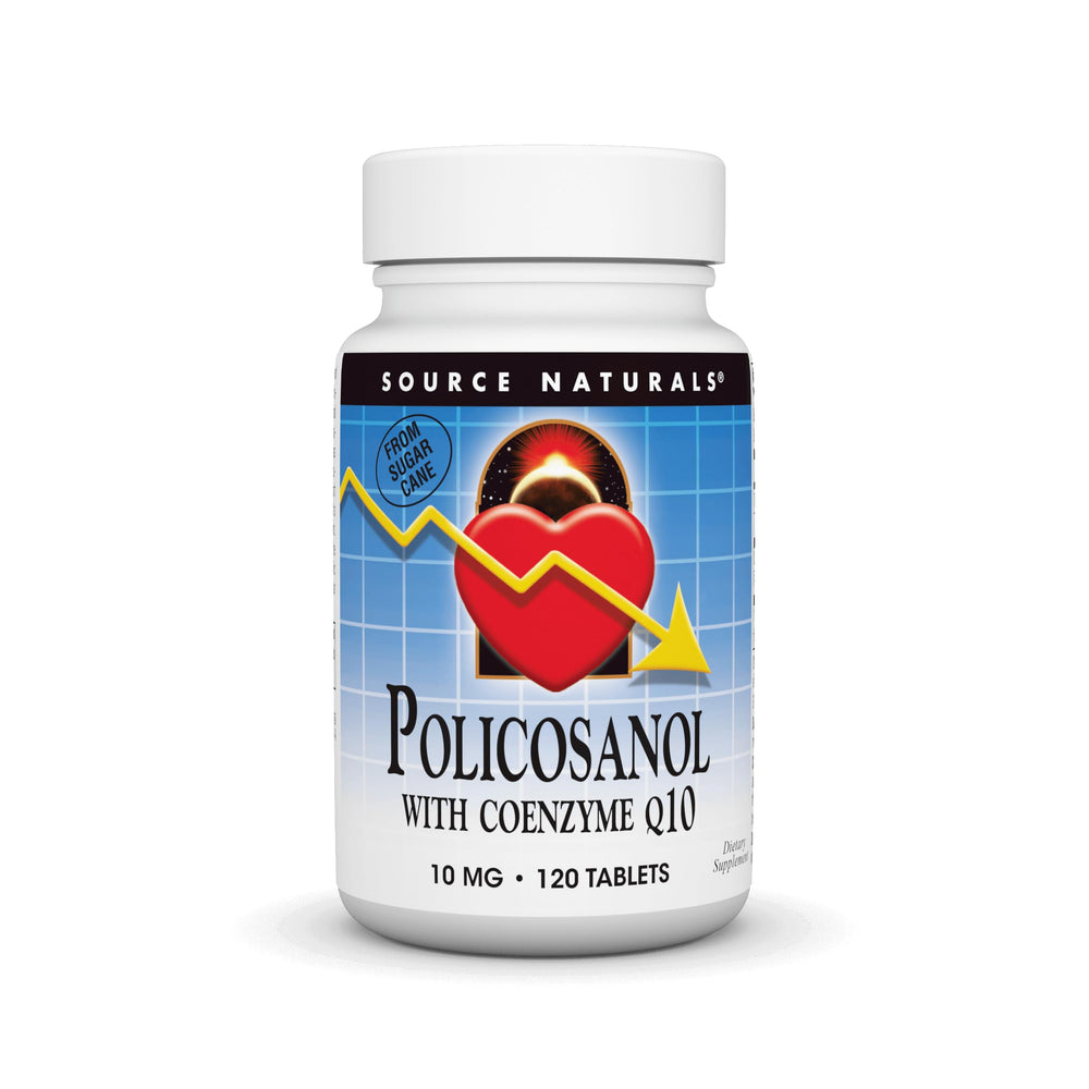 Source Naturals Policosanol with CoQ10 tablets, front view, potential cardiovascular support.