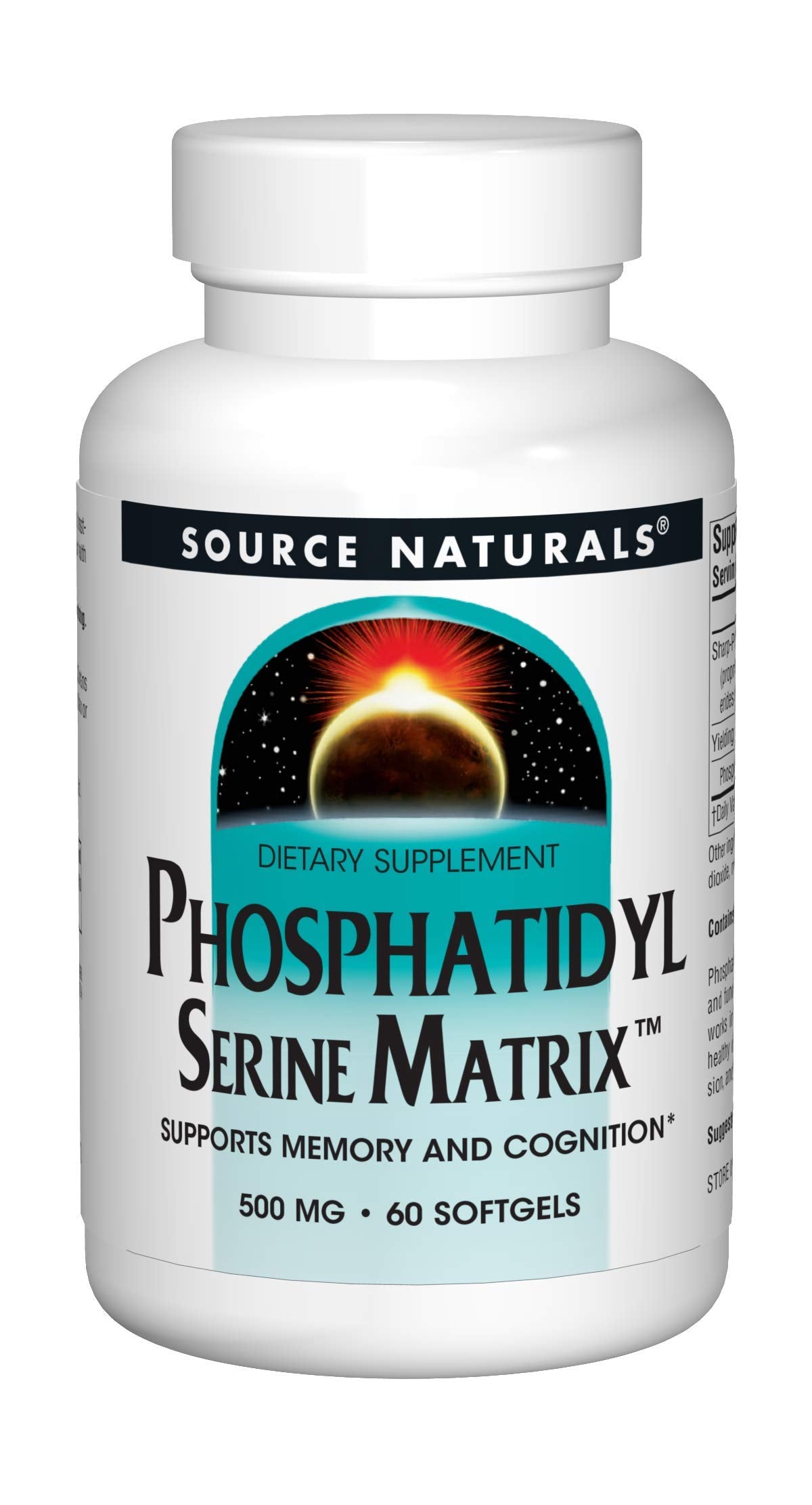 Source Naturals PS Matrix bottle back view with directions and allergen note.