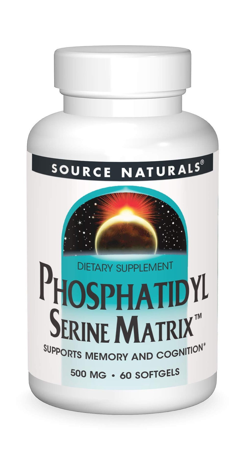 Source Naturals PS Matrix 500mg bottle front view highlighting nerve signaling potential.