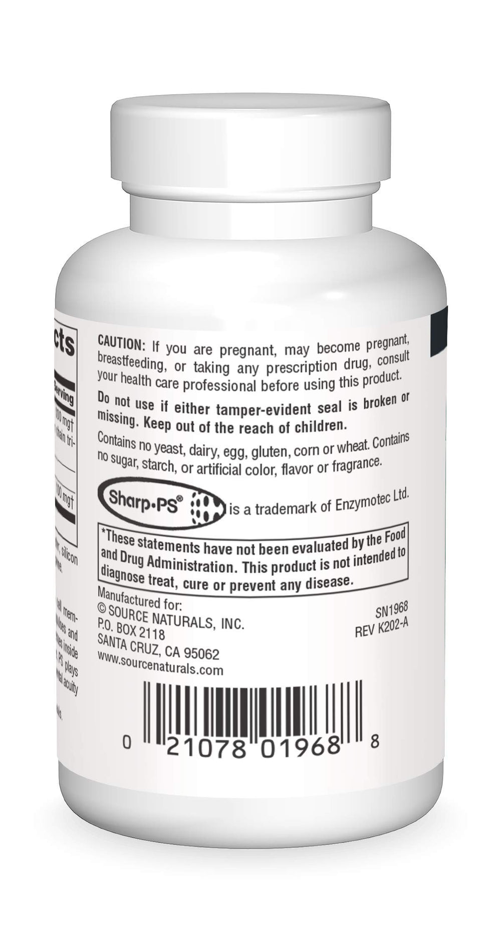Source Naturals PS Matrix label close-up showing ingredients and dosage.