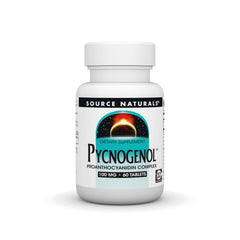 Source Naturals Pycnogenol bottle label highlights pine bark extract for daily antioxidant support.