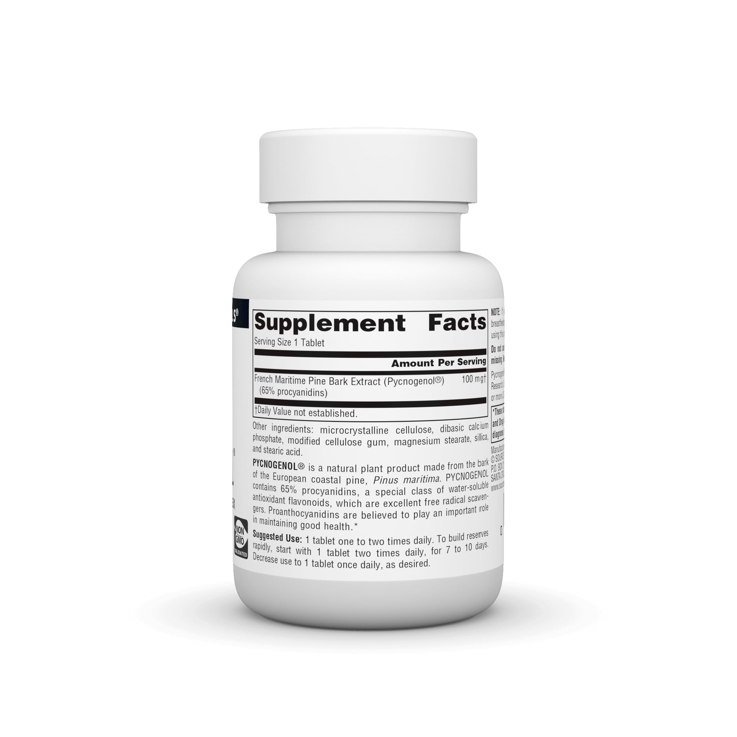 Source Naturals Pycnogenol label shows 100 mg proanthocyanidins for antioxidant support.