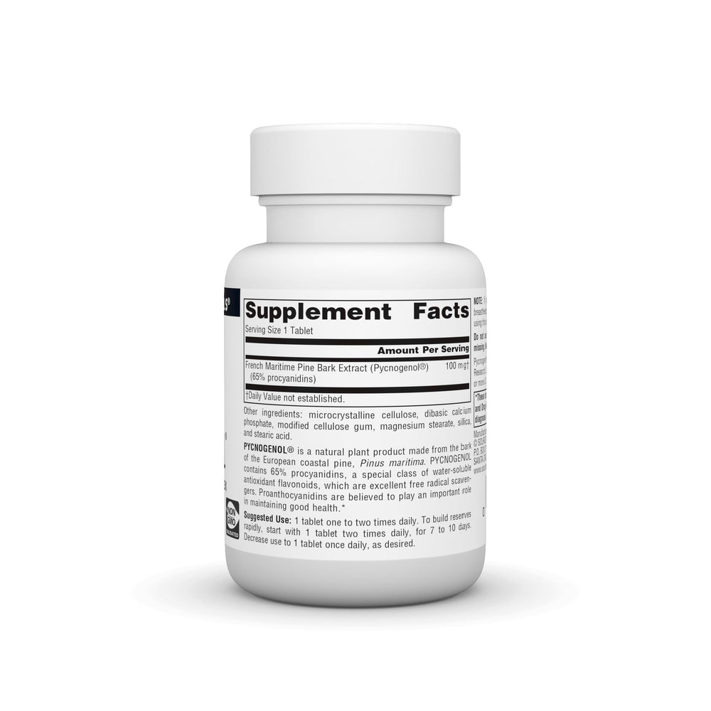 Source Naturals Pycnogenol label shows 100 mg proanthocyanidins for antioxidant support.