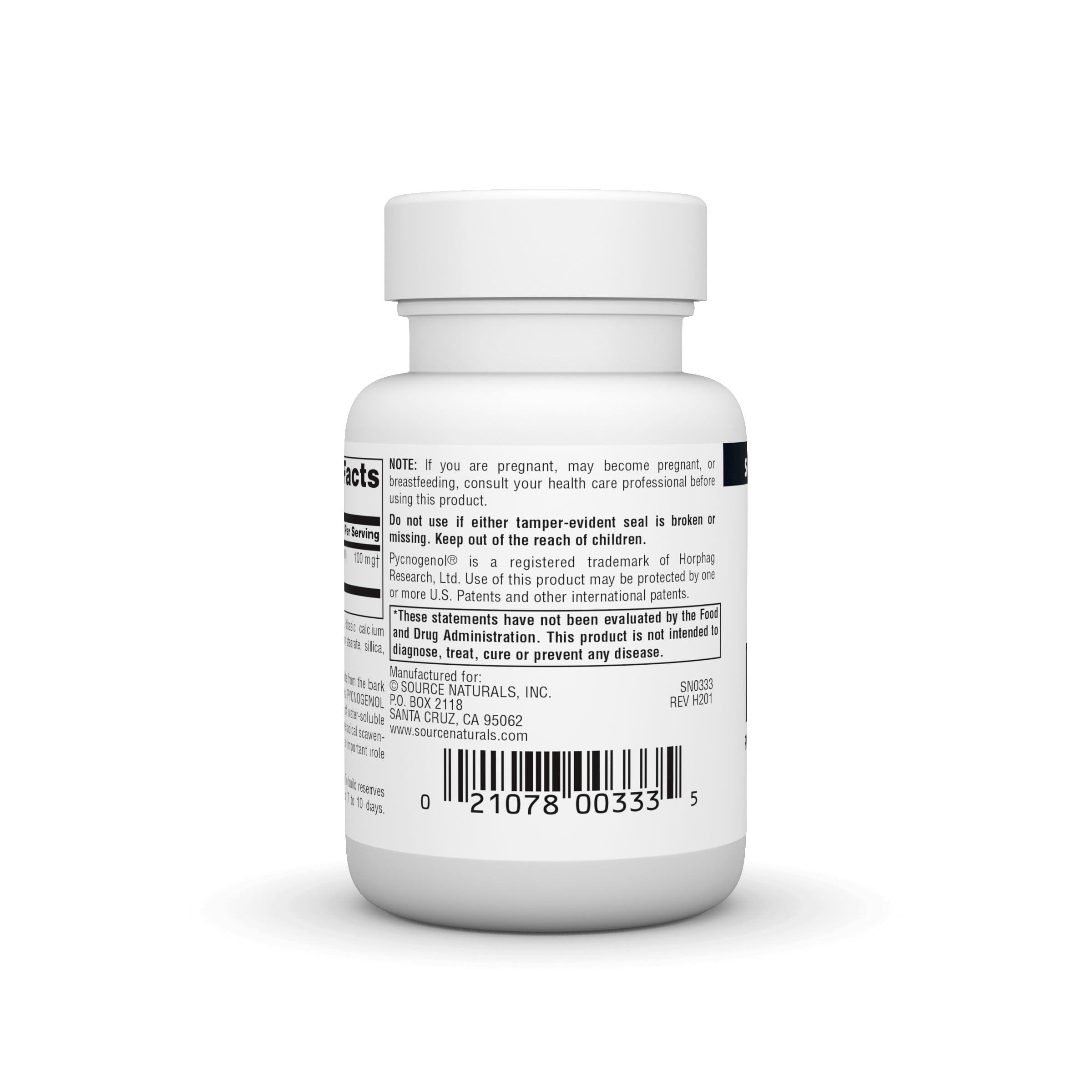 Source Naturals Pycnogenol packaging box showcases USA manufacturing and GMP standards.