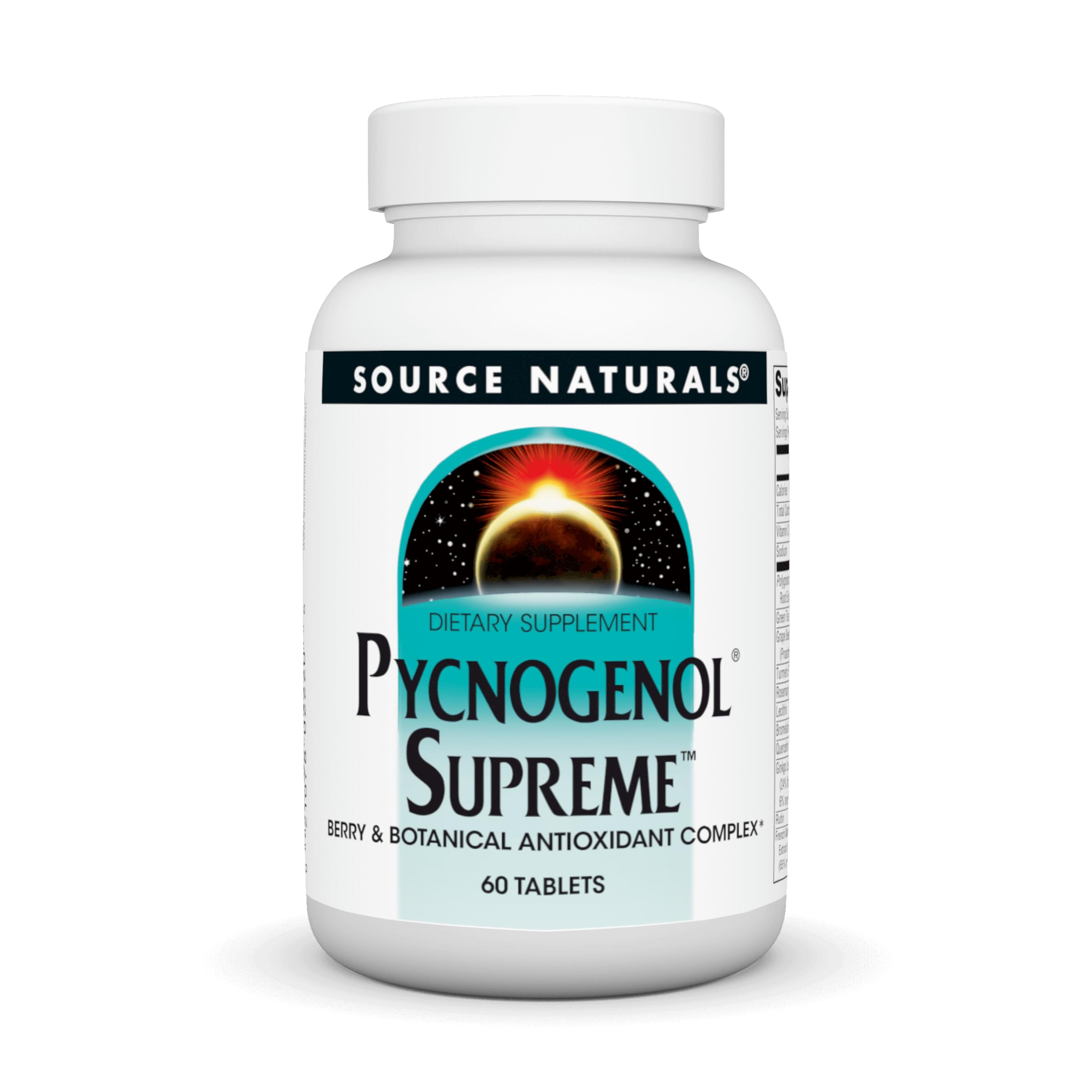 Source Naturals Pycnogenol Supreme bottle front showing berry antioxidant complex for daily support