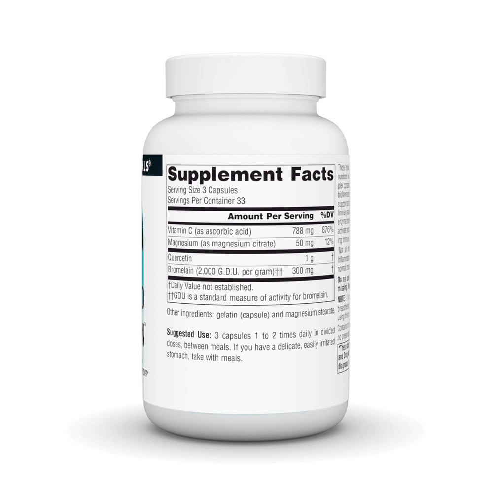 Source Naturals quercetin bromelain capsules close-up for improved absorption and comfort.
