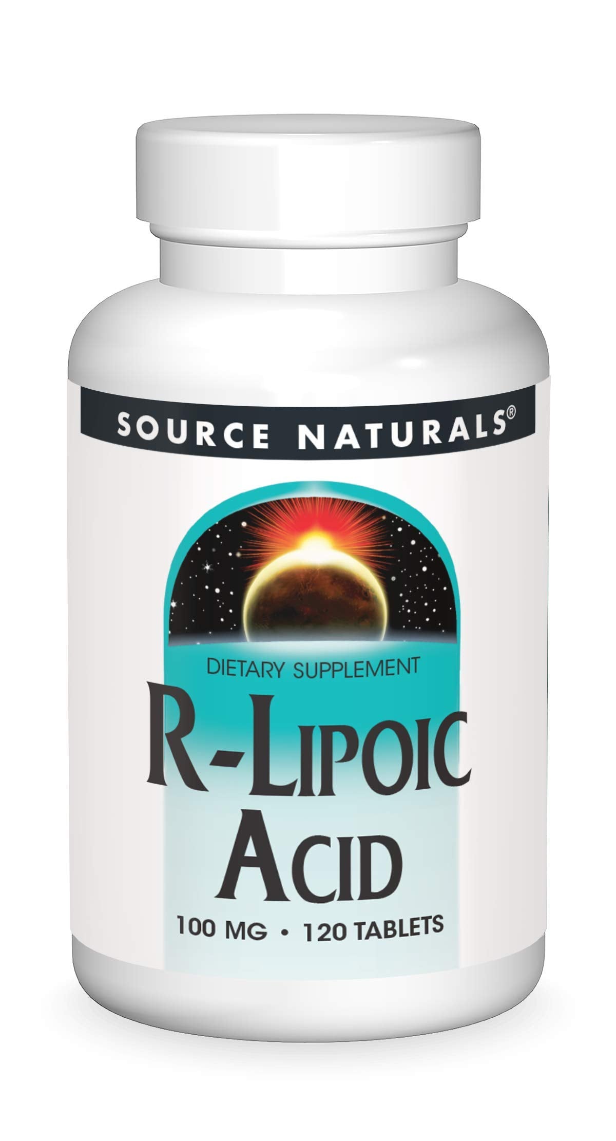 Source Naturals R-Lipoic Acid bottle showing 120 tablets for daily wellness.