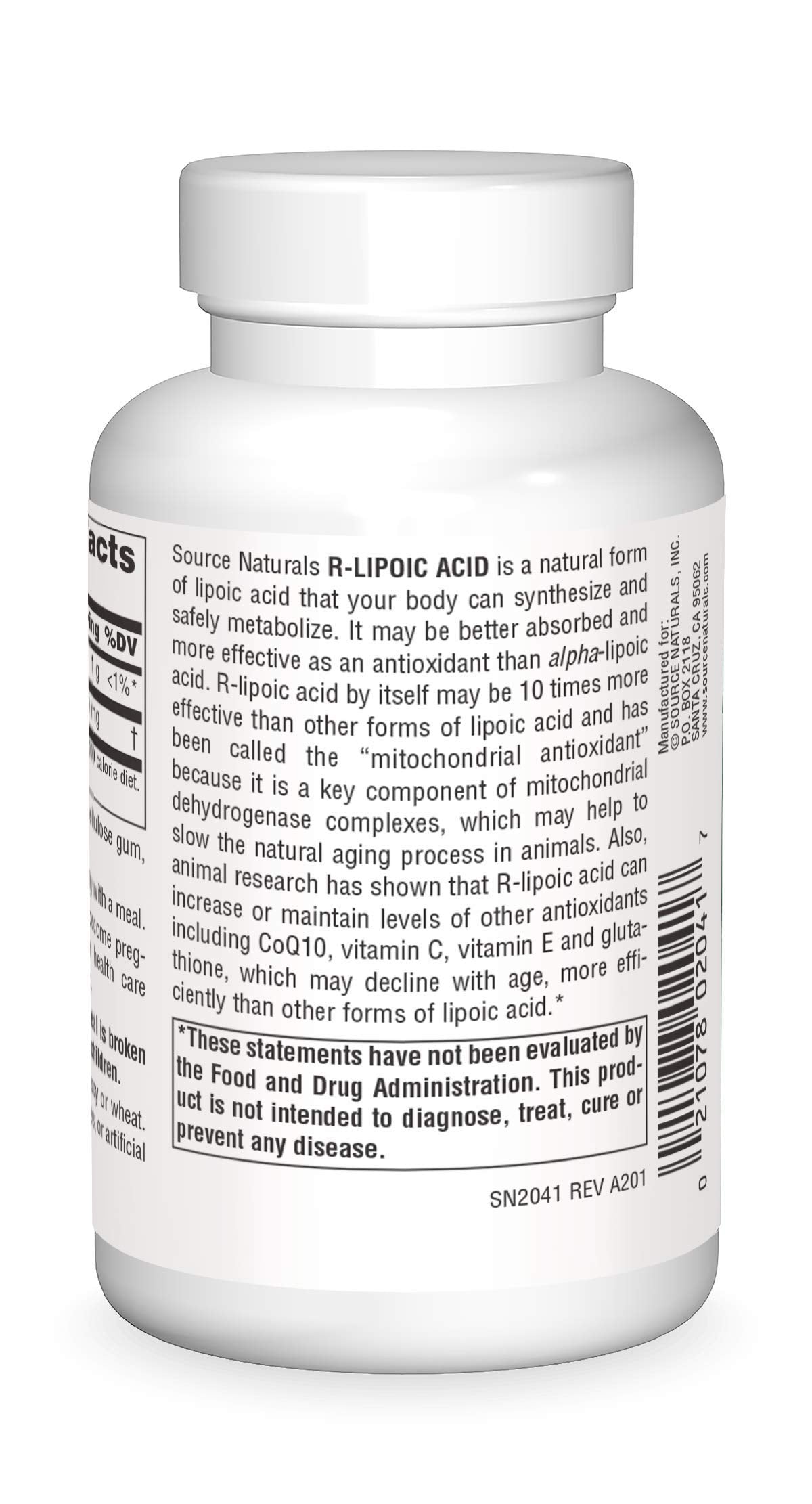 Source Naturals R-Lipoic Acid label close-up highlighting dosage information.
