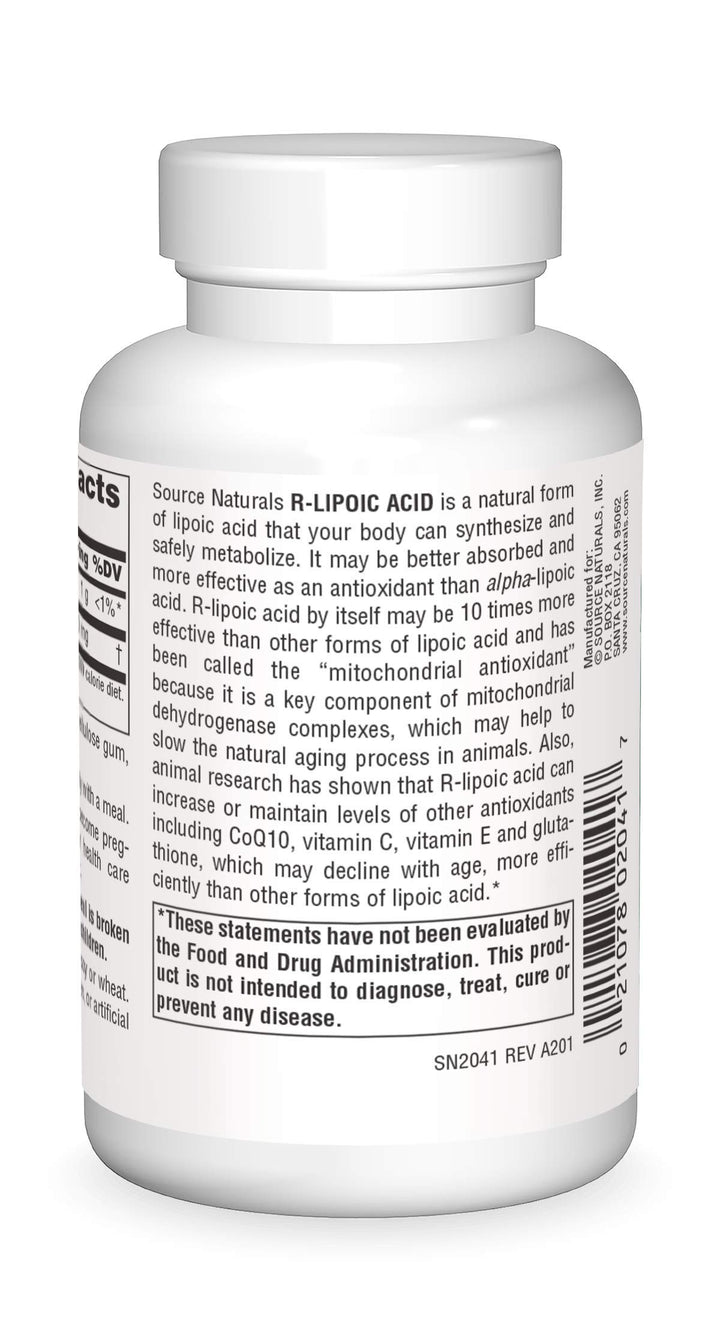 Source Naturals R-Lipoic Acid label close-up highlighting dosage information.