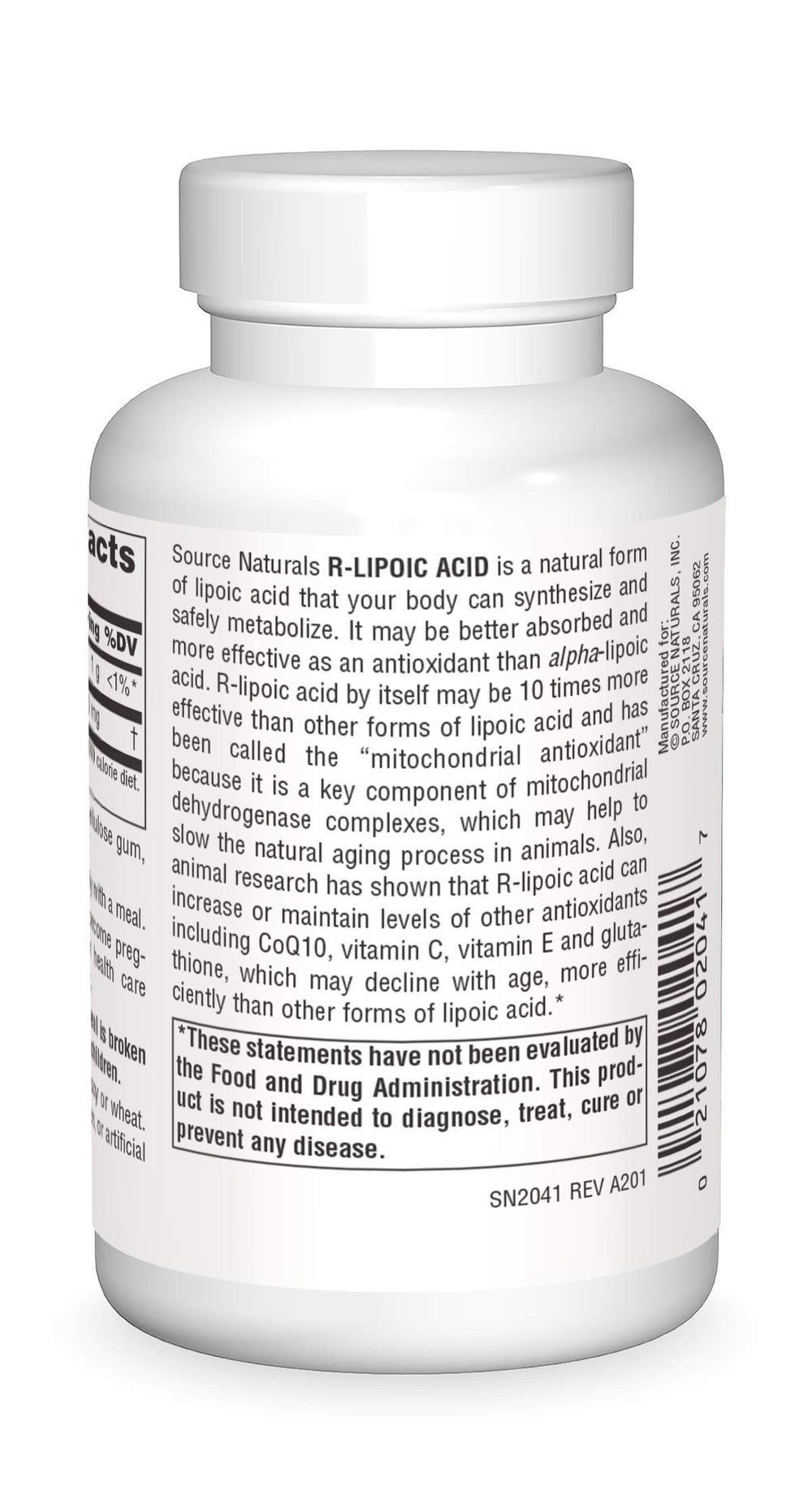 Source Naturals R-Lipoic Acid label close-up highlighting dosage information.