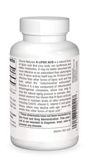 Source Naturals R-Lipoic Acid label close-up highlighting dosage information.