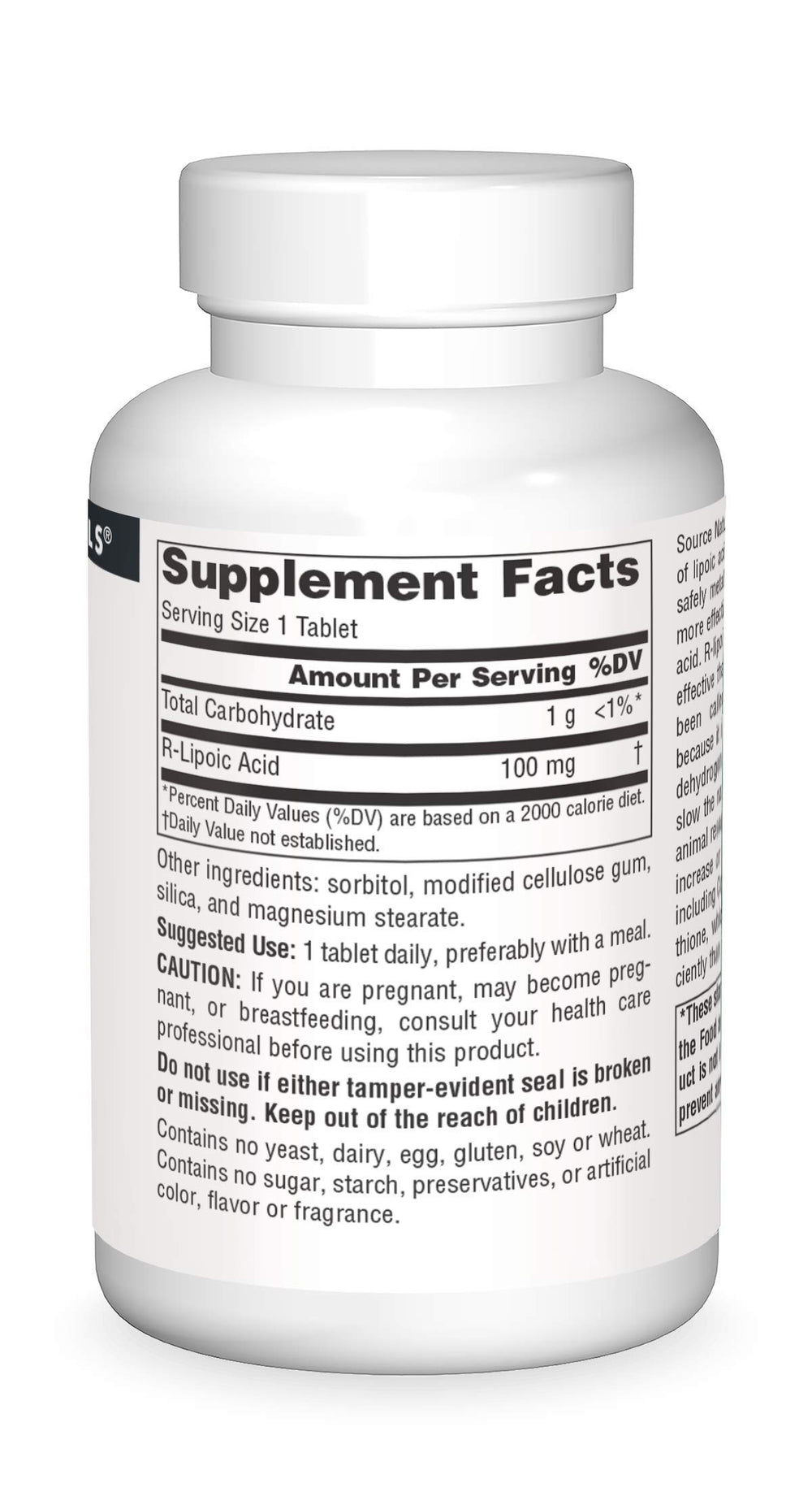 Source Naturals R-Lipoic Acid tablets 100mg close-up with clear coating.