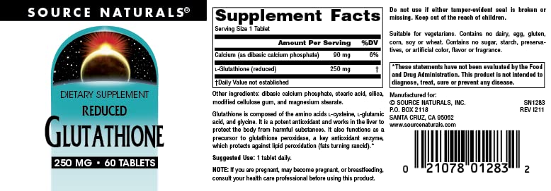 Source Naturals Reduced Glutathione bottle with glass illustrating easy daily use.