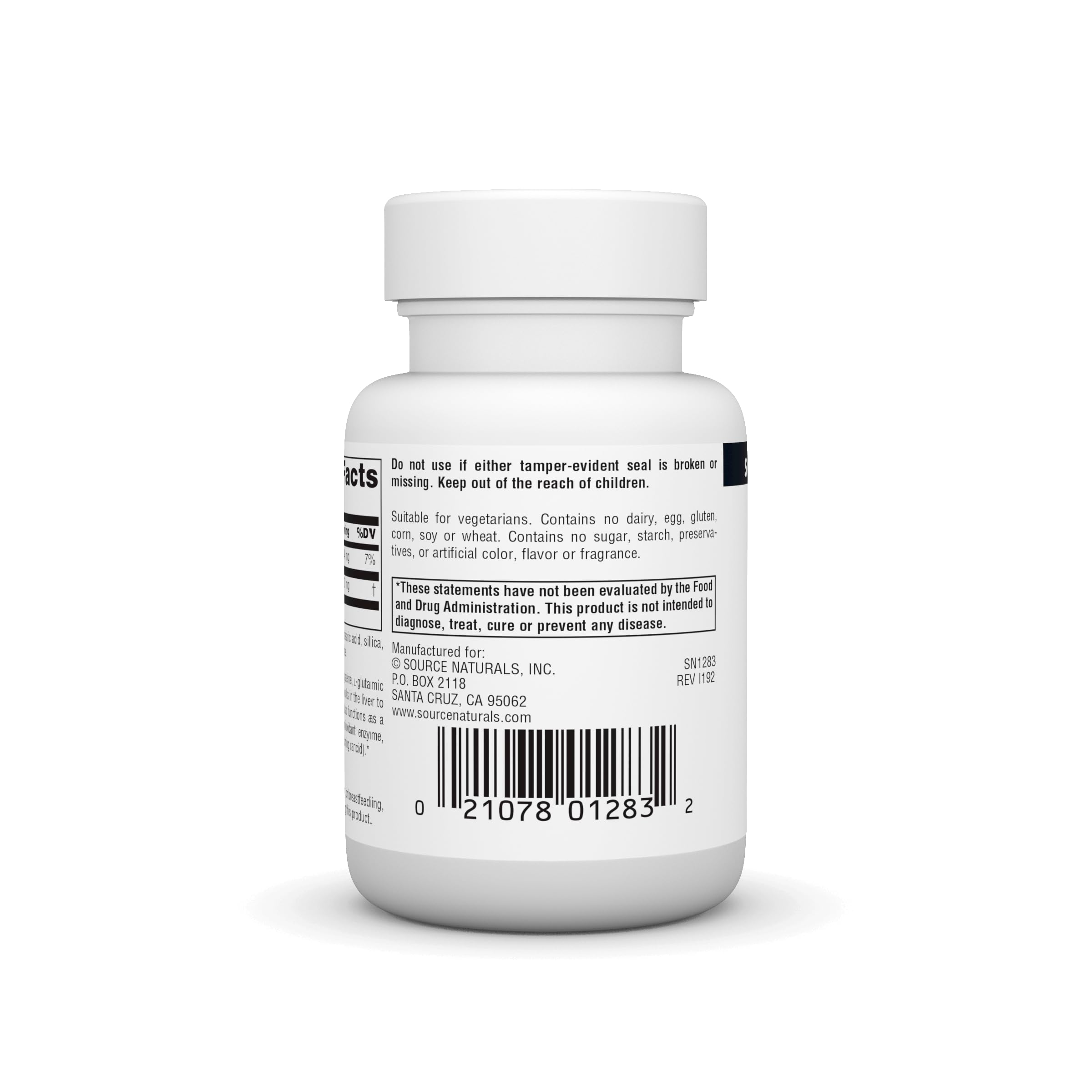 Source Naturals Reduced Glutathione nutrition label highlighting allergen-free formulation.