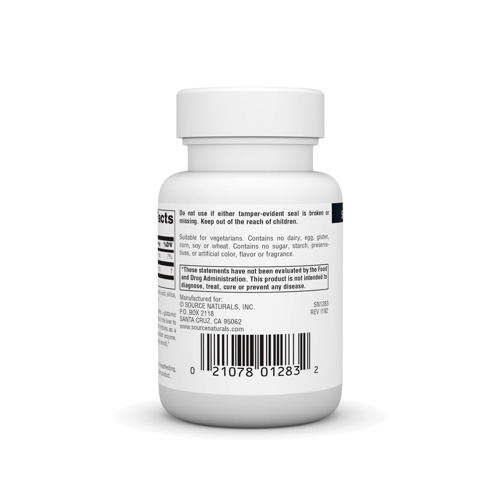 Source Naturals Reduced Glutathione nutrition label highlighting allergen-free formulation.