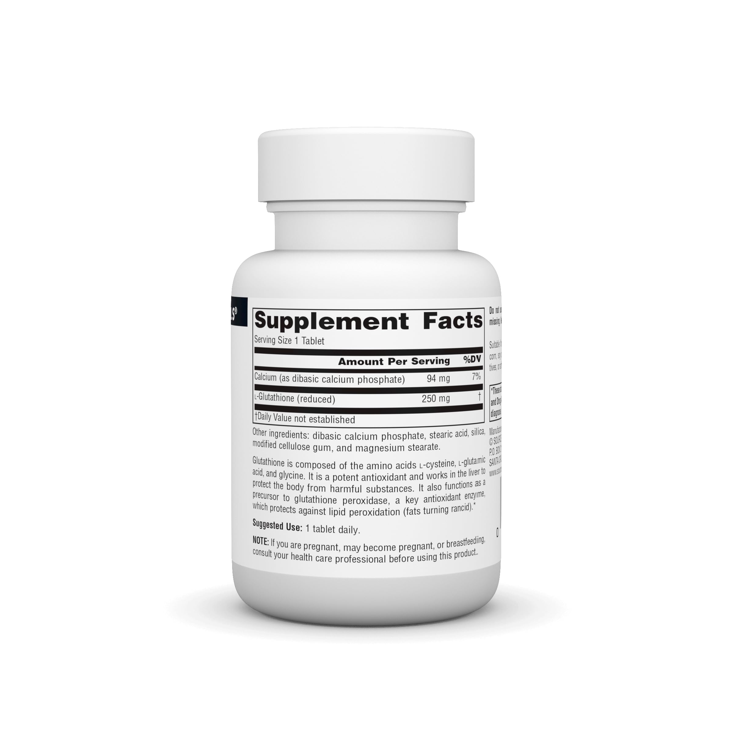 Source Naturals Reduced Glutathione tablets close-up showing 250 mg per capsule.