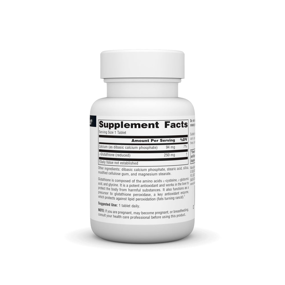 Source Naturals Reduced Glutathione tablets close-up showing 250 mg per capsule.