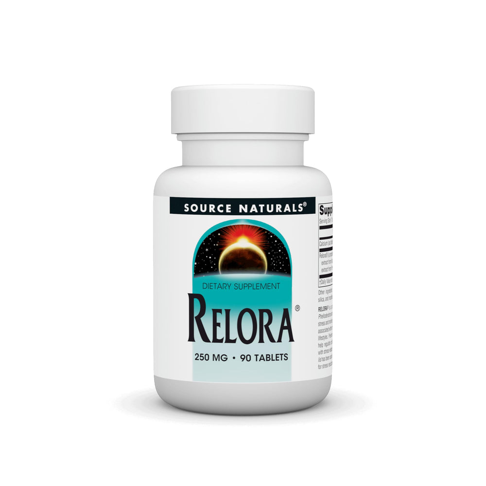 Source Naturals Relora bottle shown for stress-related eating support and daily wellness.